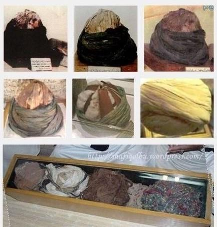 Montage of seven photographs of Prophetic turban and cloth relics in museum display cases.